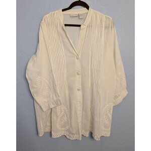Soft Surroundings 1X White Pintuck Button Down Blouse Embroidered 3/4 Sleeves